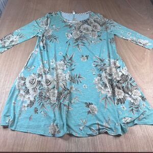 Paisley Grace Floral A-Line Dress XL Teal Beige Stretchy Knit 3/4 Sleeve
